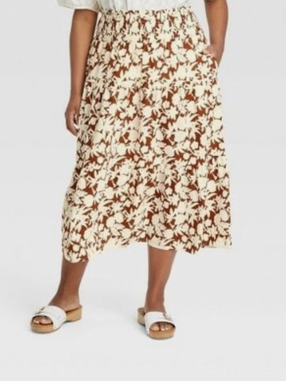 Universal Thread Cream and Rust Floral Tiered Midi Skirt